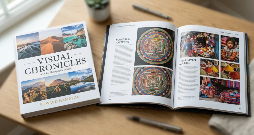 Interior spread from an illustrated coffee-table book with large photographs and captions